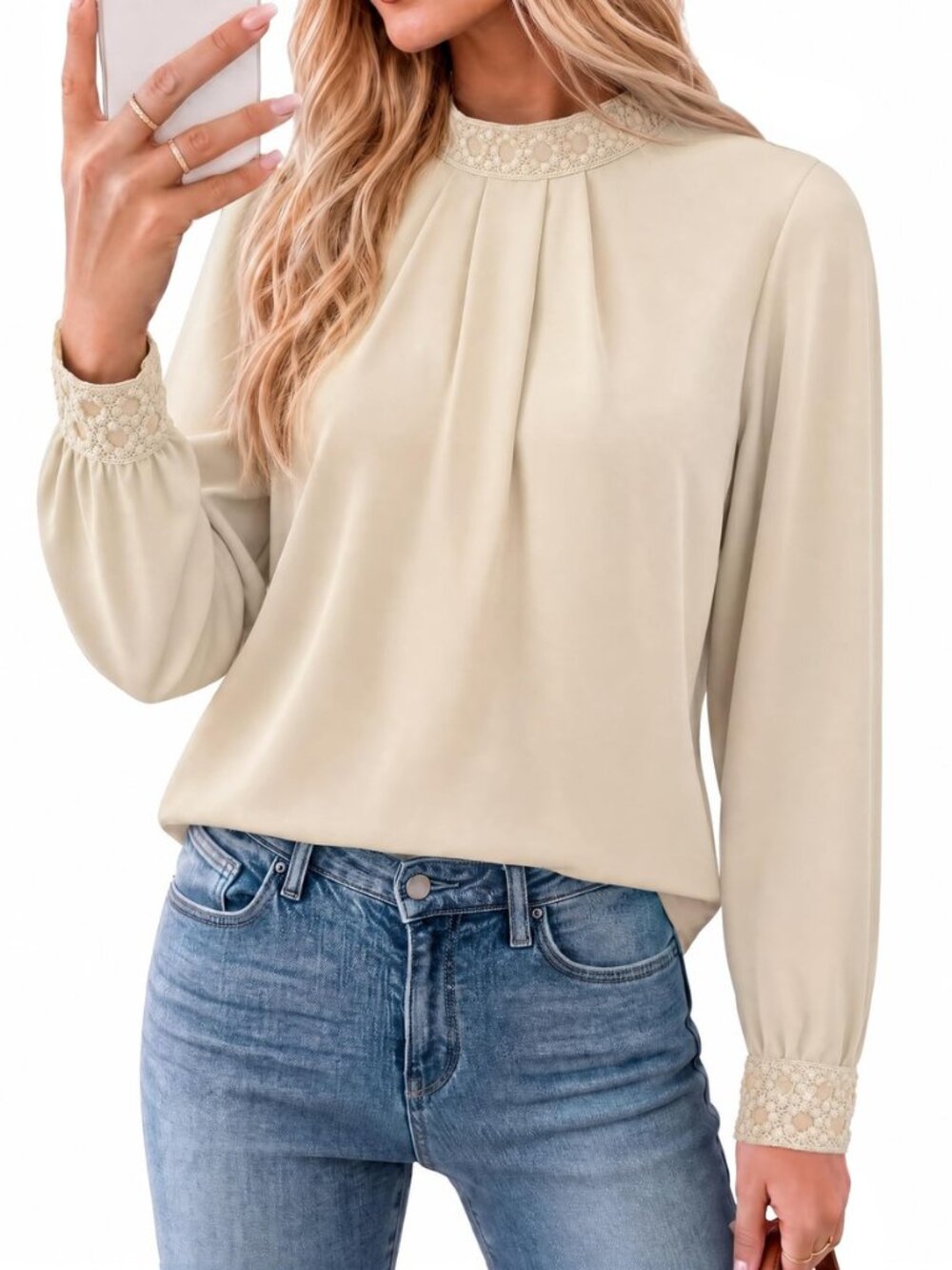 Women Long Sleeve Shirts Lace Mock Neck Tops Dressy Casual Blouses